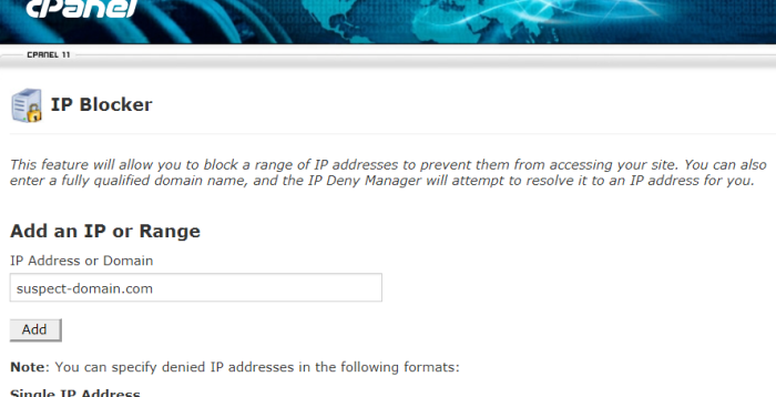 CPanel use IP Blocker to block by domain name