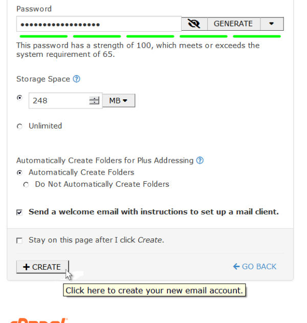 cPanel email creation - choose a strong password
