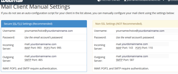 cPanel - mail client manual settings