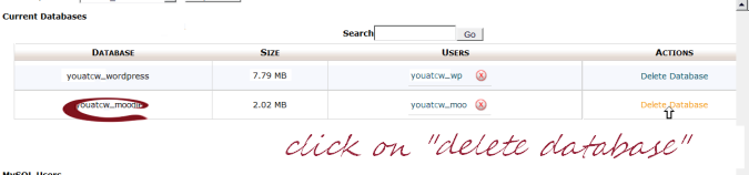 remove database in CPanel