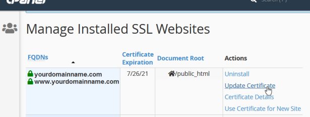 cPanel SSL/TLS Manage Installed SSL Websites