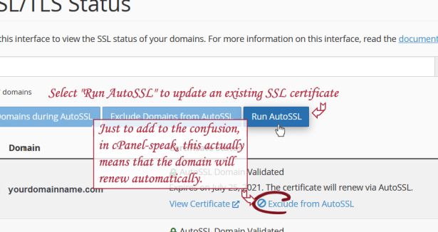 cPanel: SSL/TLS Status, Run AutoSSL